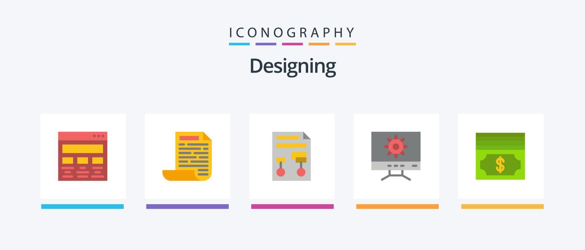 Designing Flat 5 Icon Pack Including dollar. design. graph. setting. document. Creative Icons Design vector
