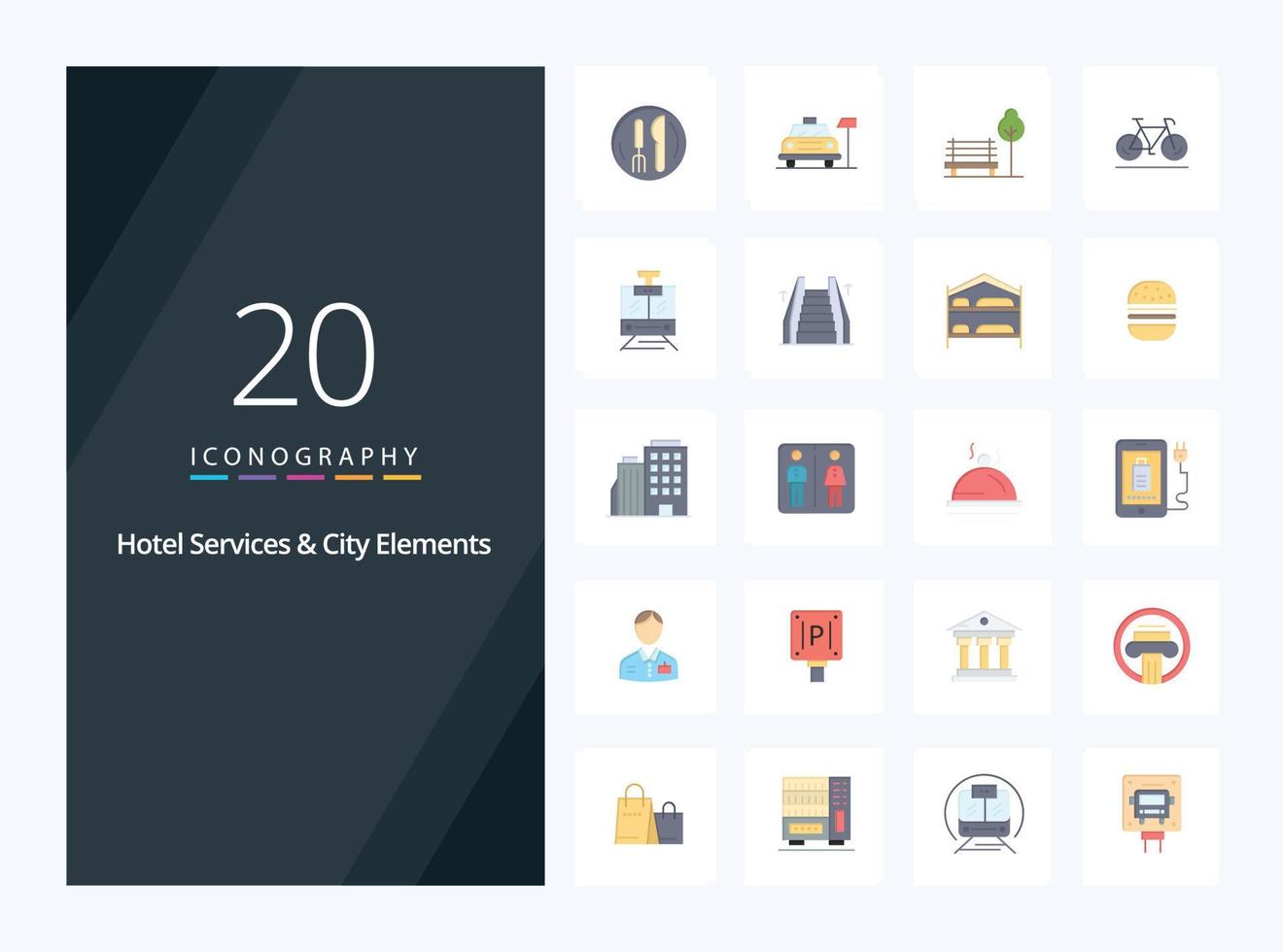 20 Hotel Services And City Elements Flat Color icon for presentation vector