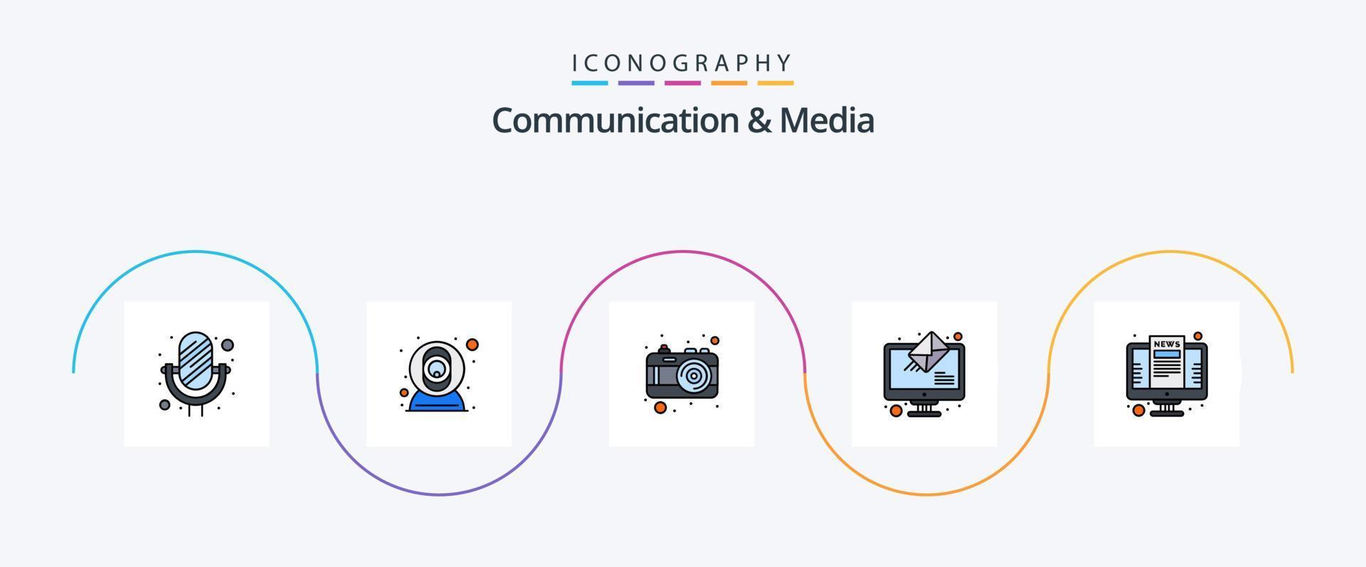 la línea de comunicación y medios llenó el paquete de iconos planos 5 que incluye la computadora. enviar. cámara. en línea. imagen vector