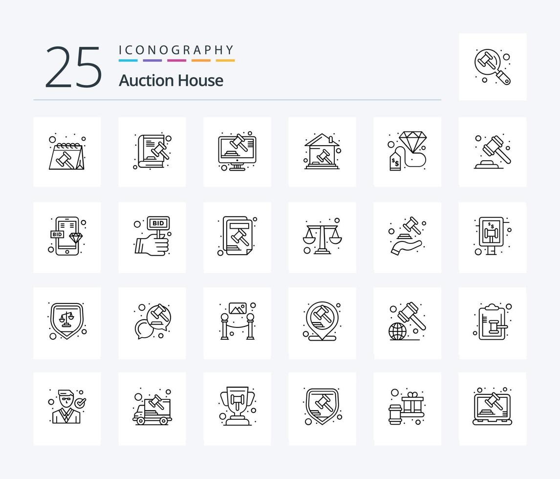 Auction 25 Line icon pack including diamond. property. hammer. house. court vector