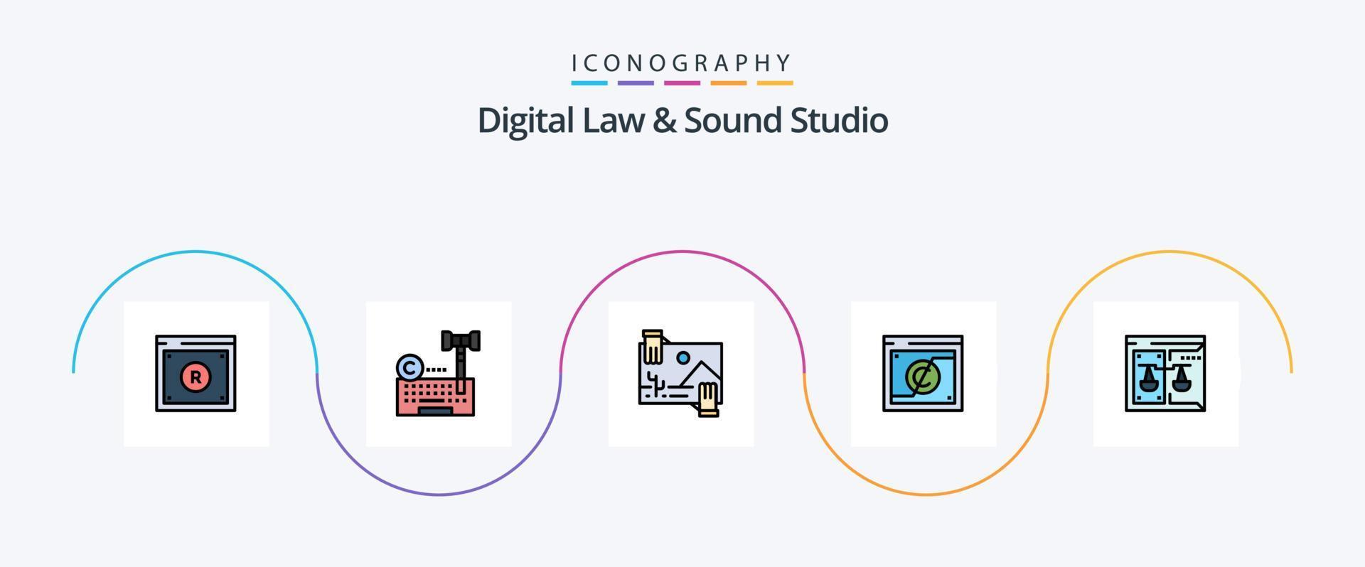 la línea de estudio de sonido y ley digital llenó el paquete de iconos planos 5 que incluye digital. negocio. ley. foto. dividendo vector