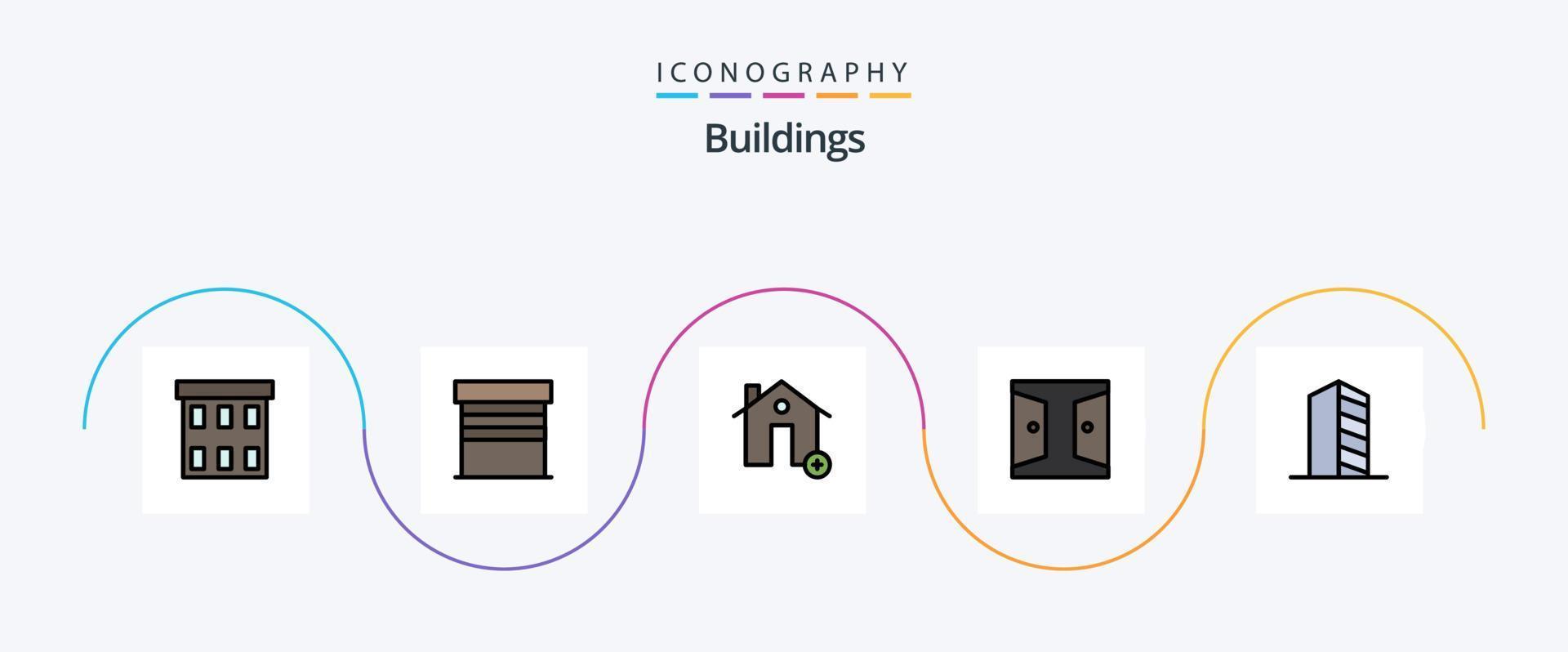 la línea de edificios llenó el paquete de iconos planos 5 que incluye el hogar. puerta. casa. edificios casa vector