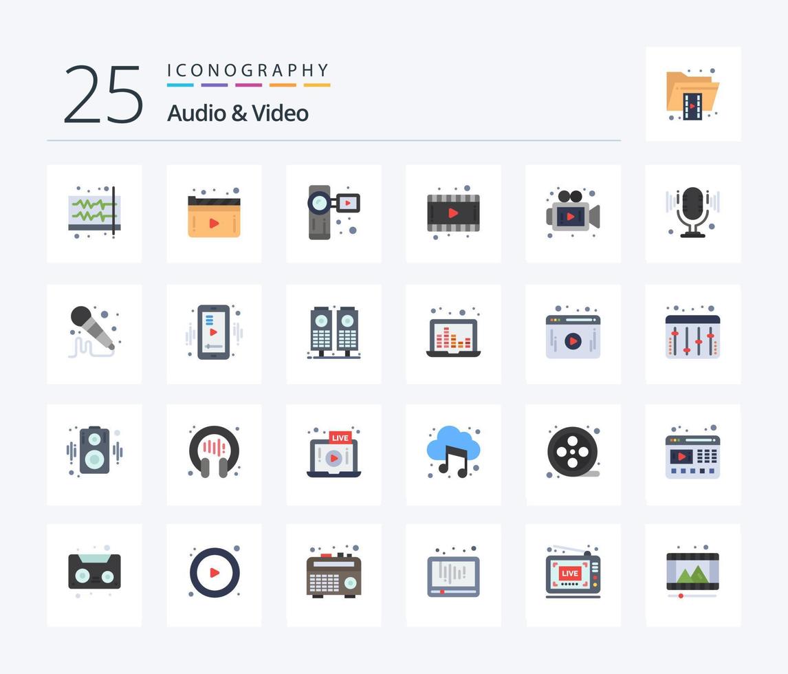 Audio And Video 25 Flat Color icon pack including media. video. play. movie. video camera vector