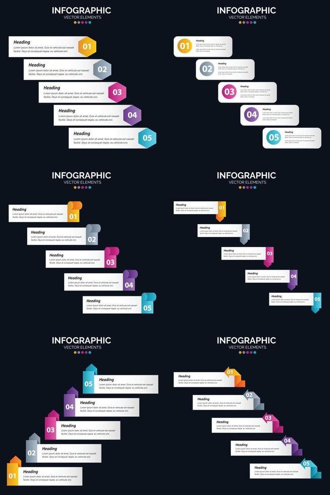 plantilla de diapositiva de presentación del paquete de infografías vectoriales 6 diagramas de ciclo de 5 pasos y líneas de tiempo vector