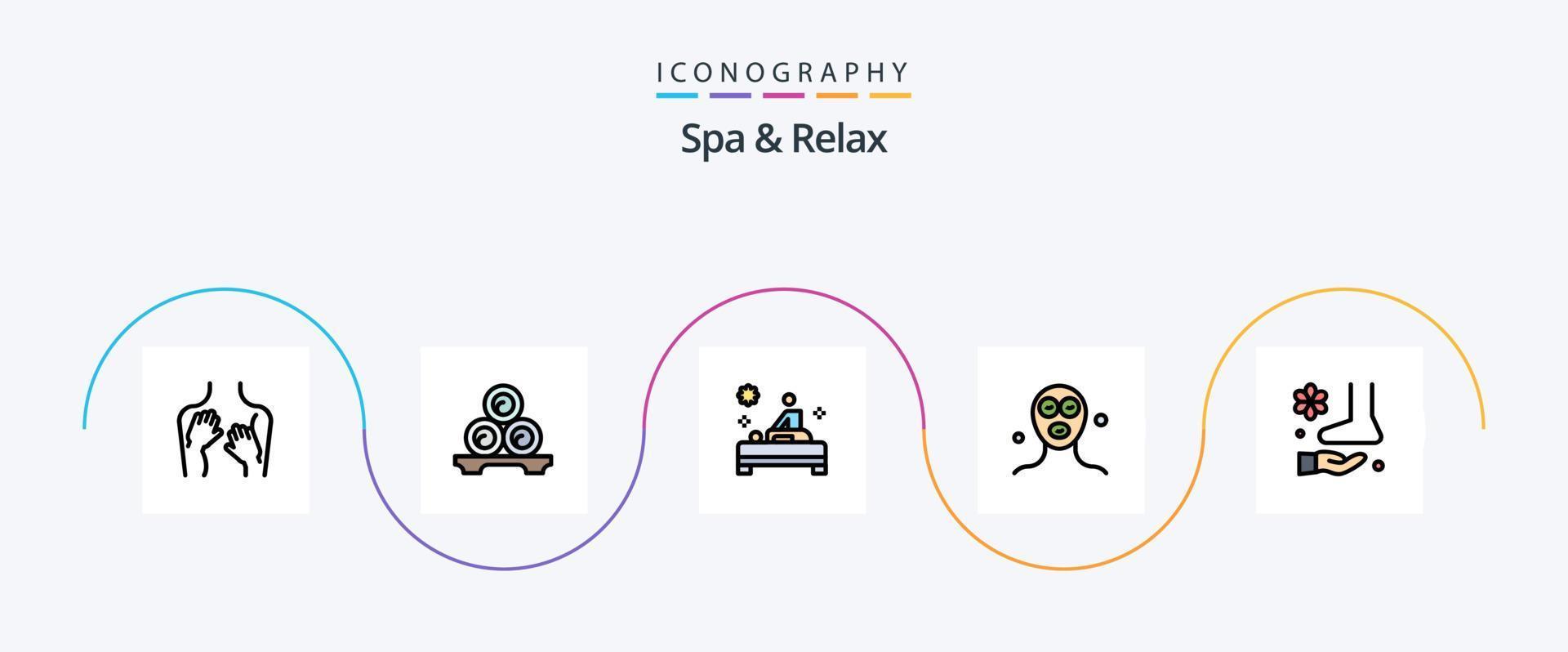 paquete de iconos de 5 planos llenos de línea de spa y relajación que incluye relajación. productos cosméticos. spa. belleza. mesa vector