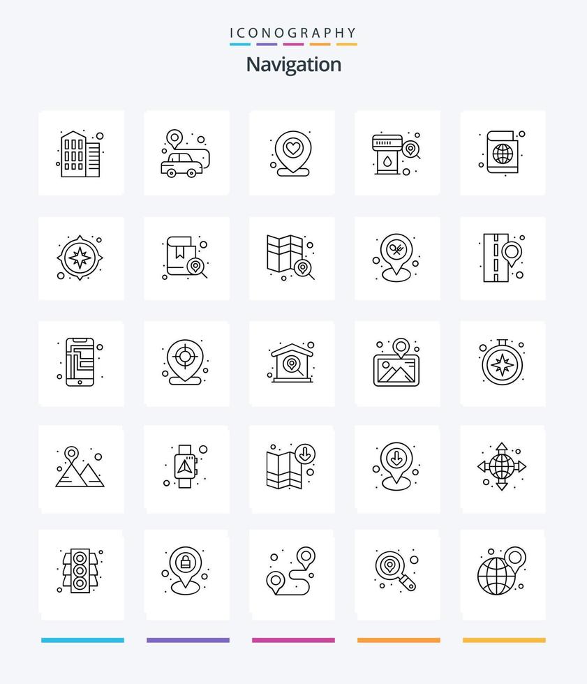 Creative Navigation 25 OutLine icon pack  Such As travel. passport. location. search. location vector