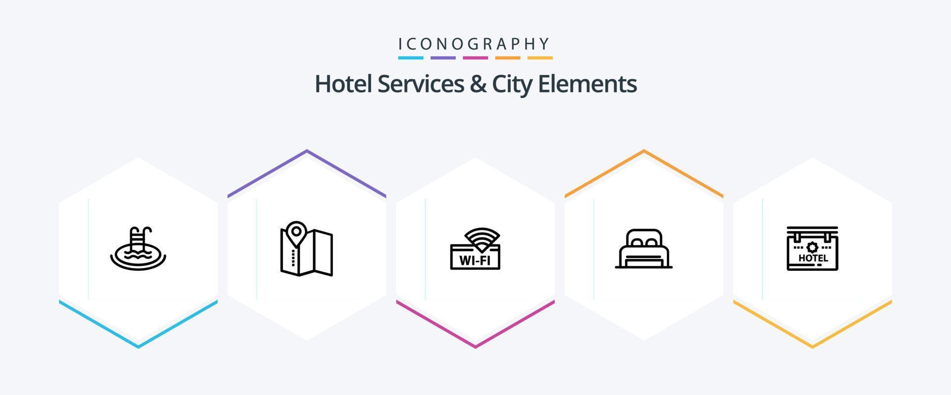 Hotel Services And City Elements 25 Line icon pack including board. hotel . wifi. hotel. sleep vector