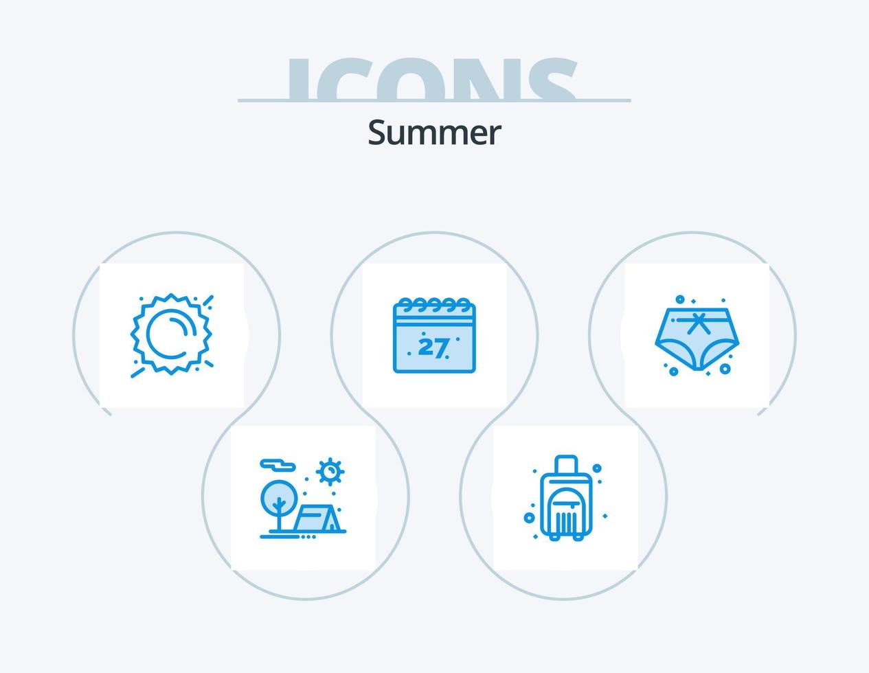 paquete de iconos azul de verano 5 diseño de iconos. verano. fecha. bolsa de viaje. calendario. clima vector