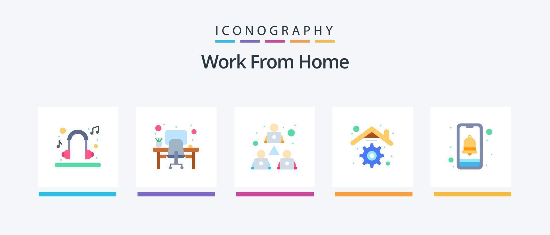 Work From Home Flat 5 Icon Pack Including notification. management. team work. house. building. Creative Icons Design vector