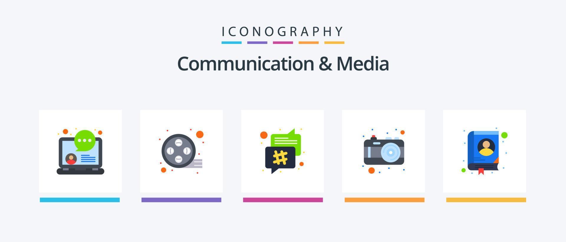 Communication And Media Flat 5 Icon Pack Including address. travel. chat bubble. vacation. camera. Creative Icons Design vector