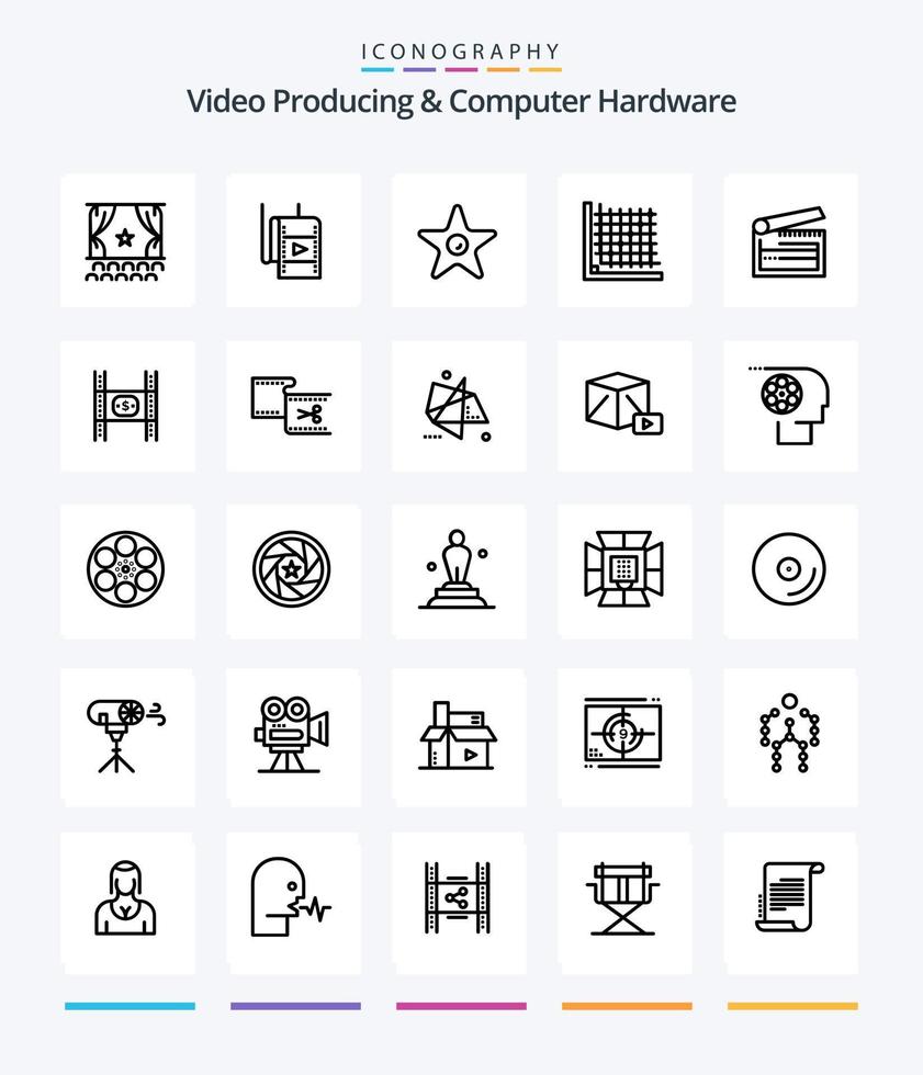 producción de video creativo y hardware de computadora 25 paquete de iconos de contorno como clapper. junta. teatro. acción. forma vector