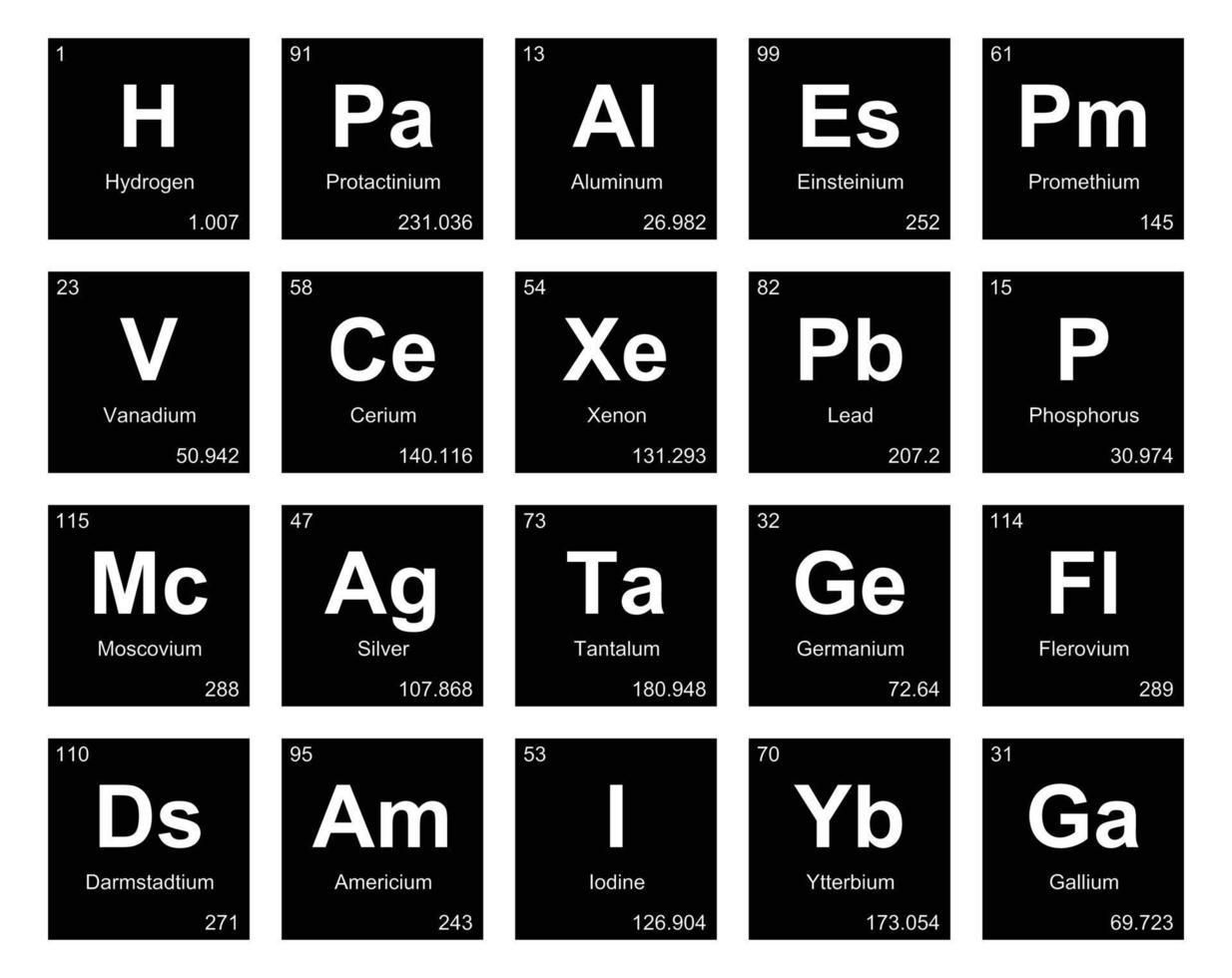 diseño de paquete de iconos de 20 tablas preiodicas de los elementos vector