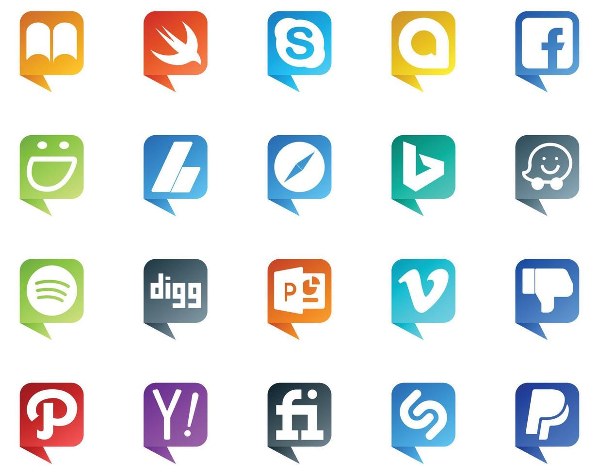 20 logotipos de estilo de burbujas de discurso de redes sociales como anuncios de video de powerpoint digg waze vector