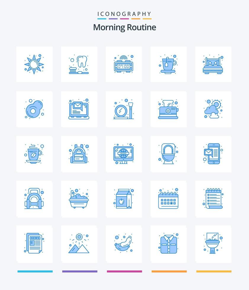 Creative Morning Routine 25 Blue icon pack  Such As breakfast. rest. time. interior. bed vector