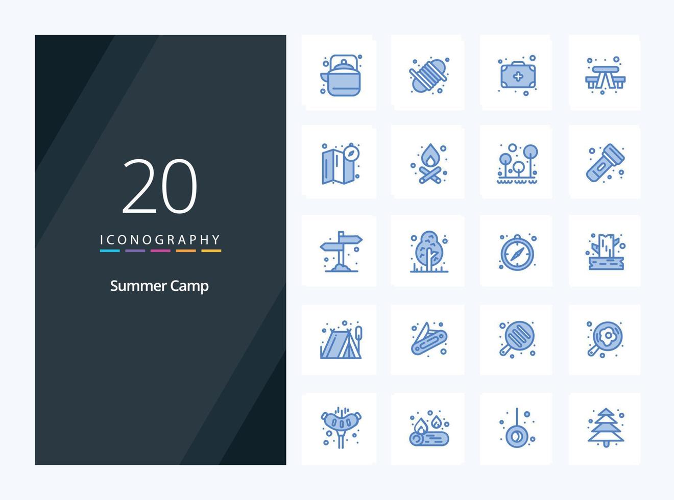 20 icono de color azul del campamento de verano para la presentación vector