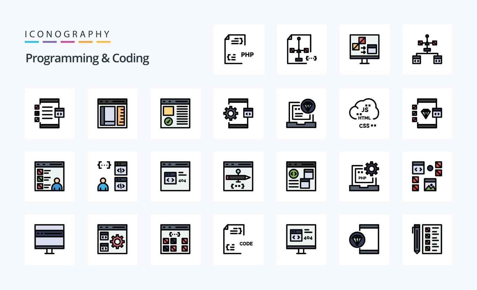 paquete de iconos de estilo lleno de línea de programación y codificación de 25 vector