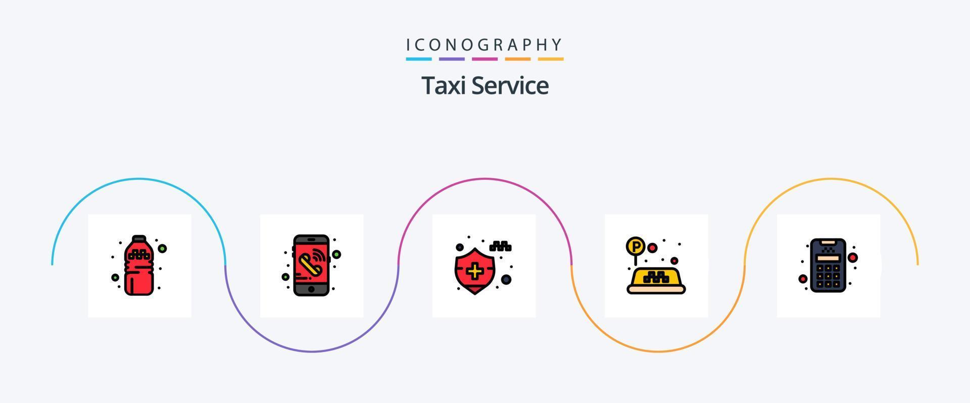 la línea de servicio de taxi llenó el paquete de 5 íconos planos que incluye. seguro. máquina. tarjeta vector