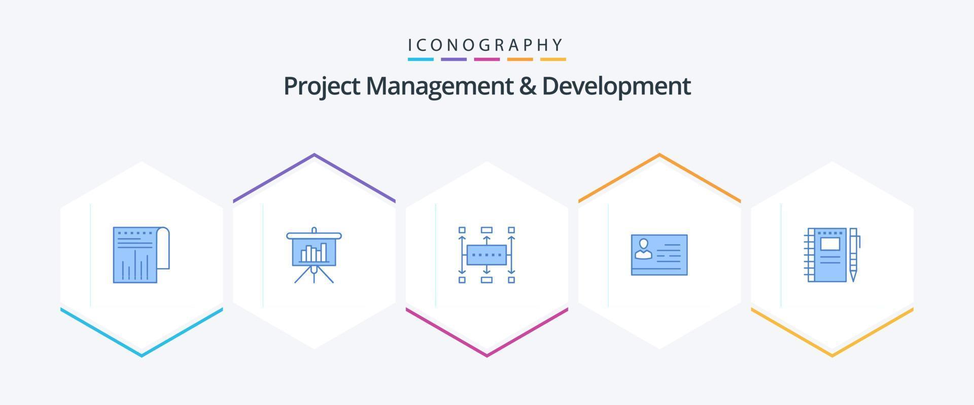 Project Management And Development 25 Blue icon pack including id. card. workflow. license. planning vector