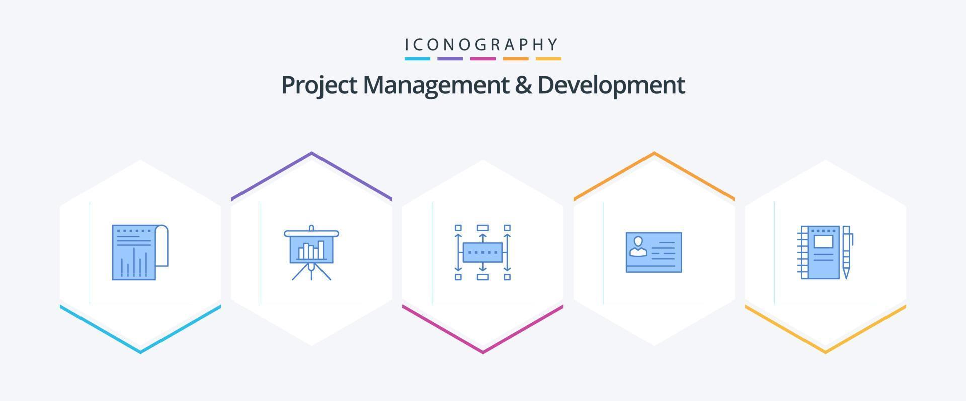 paquete de 25 íconos azules de gestión y desarrollo de proyectos que incluye id. tarjeta. flujo de trabajo. licencia. planificación vector