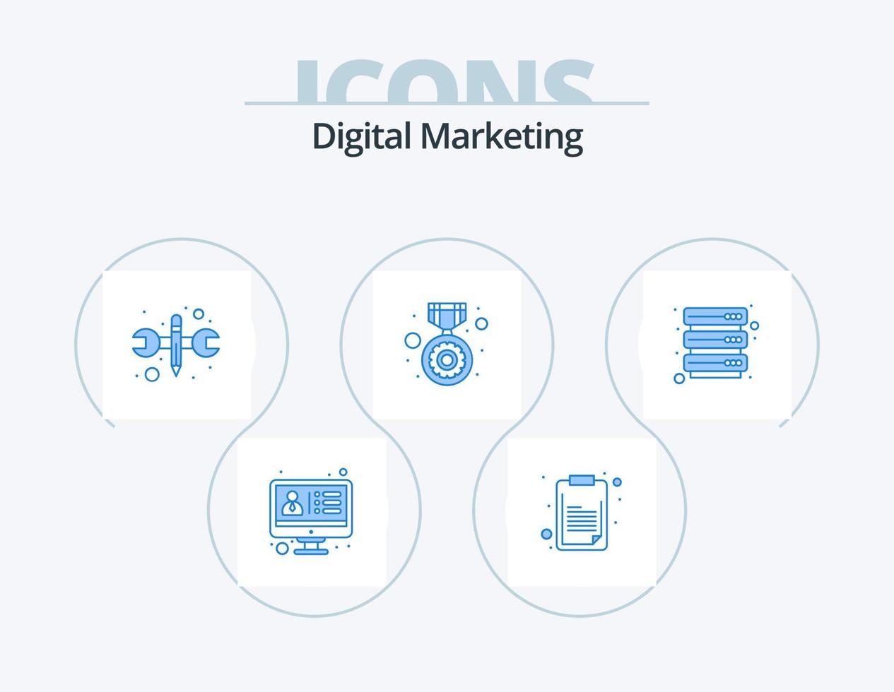 Digital Marketing Blue Icon Pack 5 Icon Design. servers. medal. repair. seo. license vector