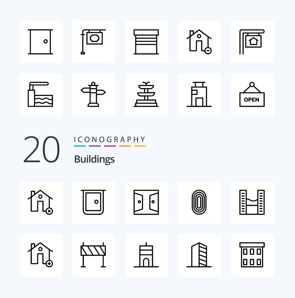 paquete de iconos de línea de 20 edificios como edificios de espacio de oficina adorno de alfombra de casa vector