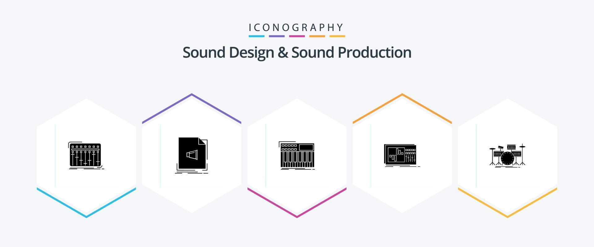 paquete de iconos de 25 glifos de diseño y producción de sonido, incluida la ecualización. control. música. sintetizador. midi vector