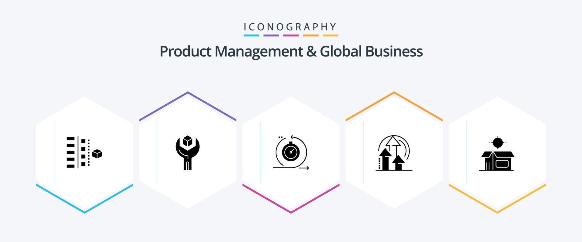 Product Managment And Global Business 25 Glyph icon pack including performance. management. sdk. iteration. development vector