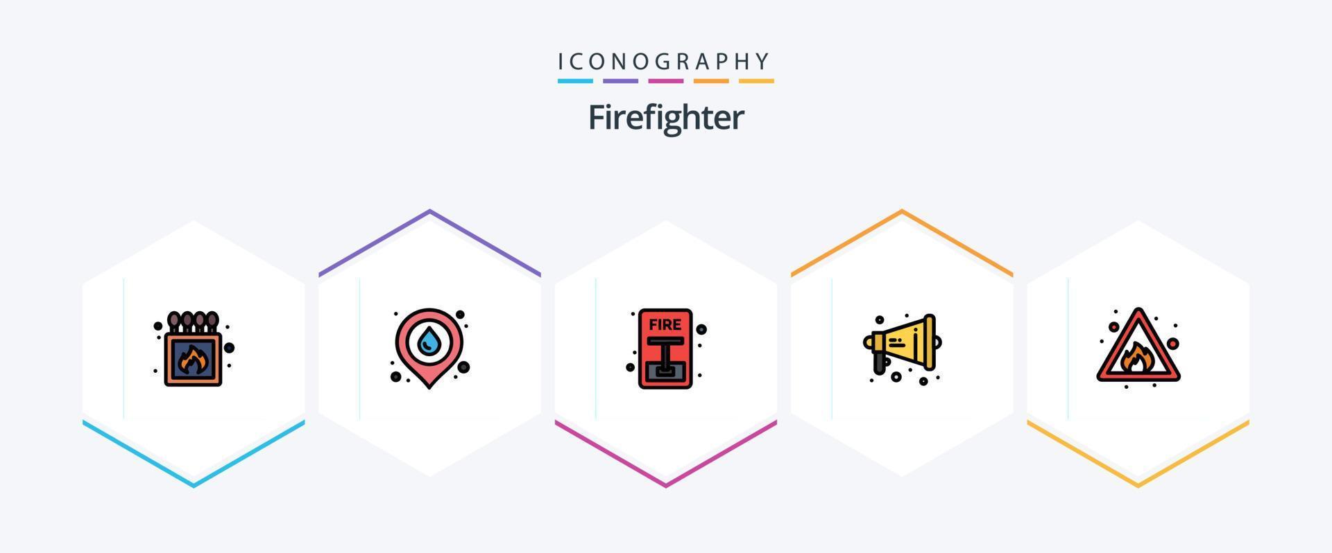 Firefighter 25 FilledLine icon pack including fire. warning. emergency. speaker. loud vector