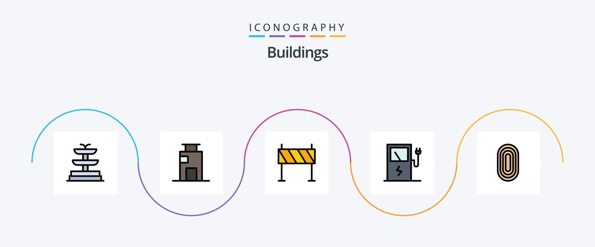 la línea de edificios llenó el paquete de iconos planos 5 que incluye el adorno. adorno. edificios estación. cargar vector