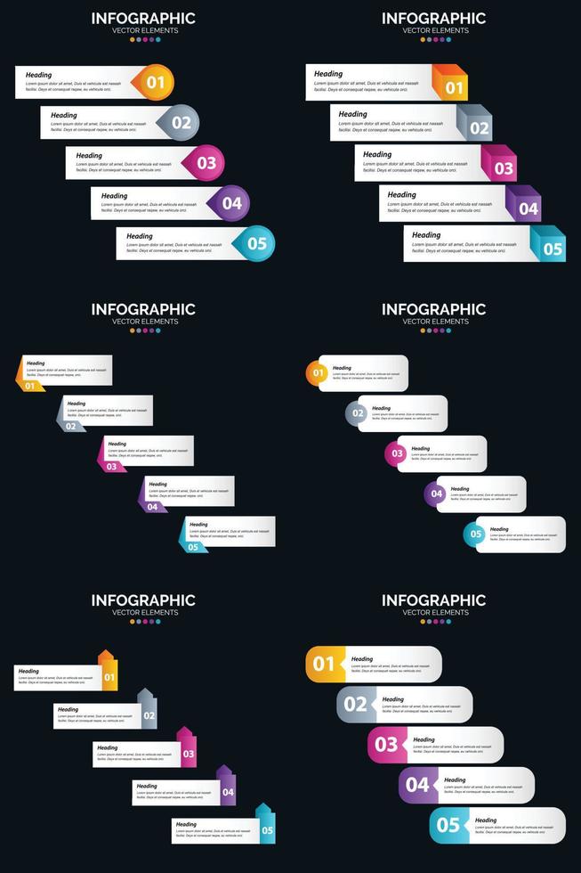 plantilla de diapositiva de presentación del paquete de infografías vectoriales 6 diagramas de ciclo de 5 pasos y líneas de tiempo vector