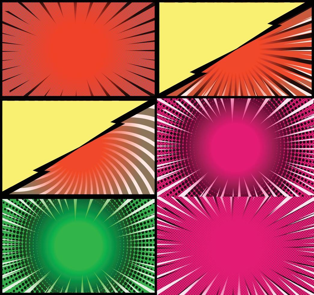 Comic book colorful frames background with halftone rays radial and dotted effects pop art style vector