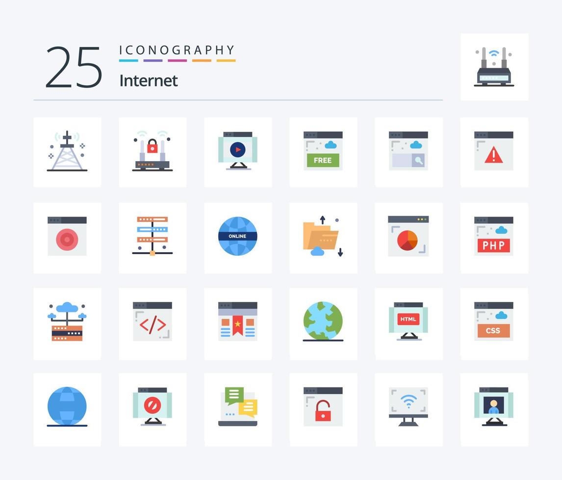 Internet 25 Flat Color icon pack including technology. free. protection. access. player vector