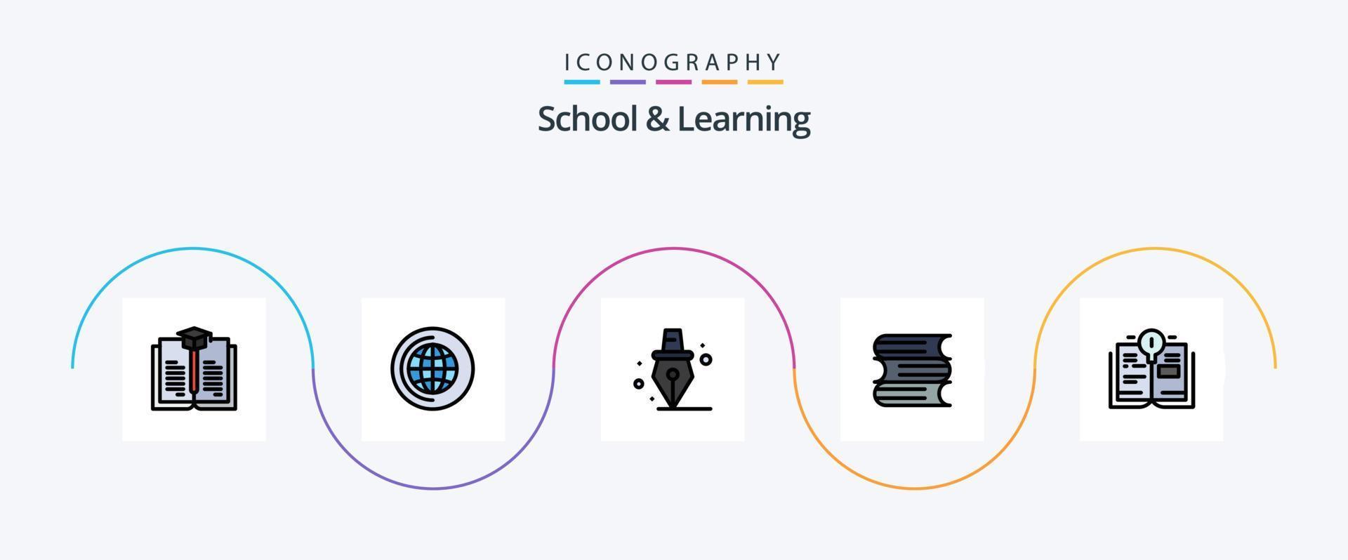 la escuela y la línea de aprendizaje llenaron el paquete de iconos planos 5 que incluye. escuela. libro. bulbo vector