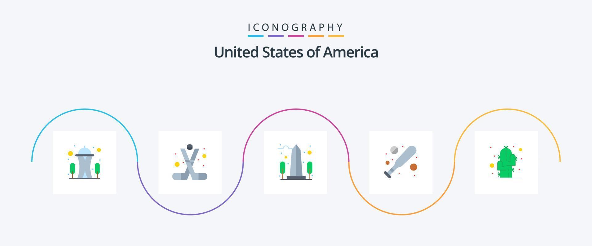 paquete de iconos de 5 planos de estados unidos que incluye cactus. murciélago. America. béisbol. EE.UU vector