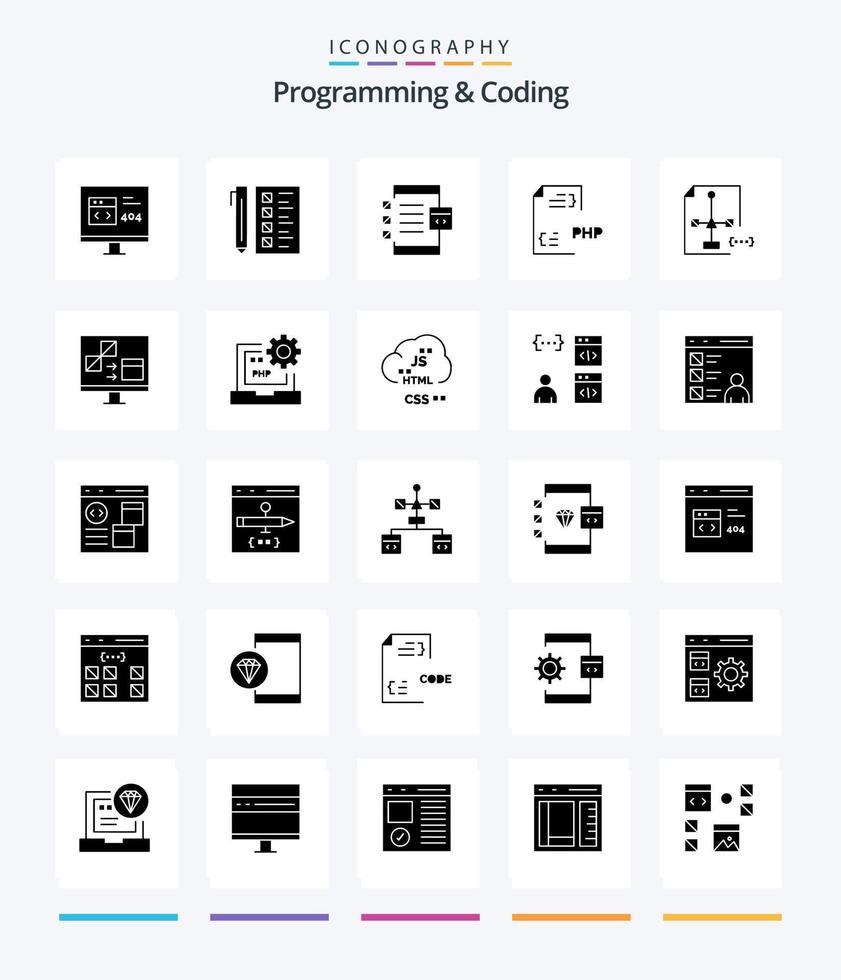 Creative Programming And Coding 25 Glyph Solid Black icon pack  Such As development. coding. development. device. develop vector