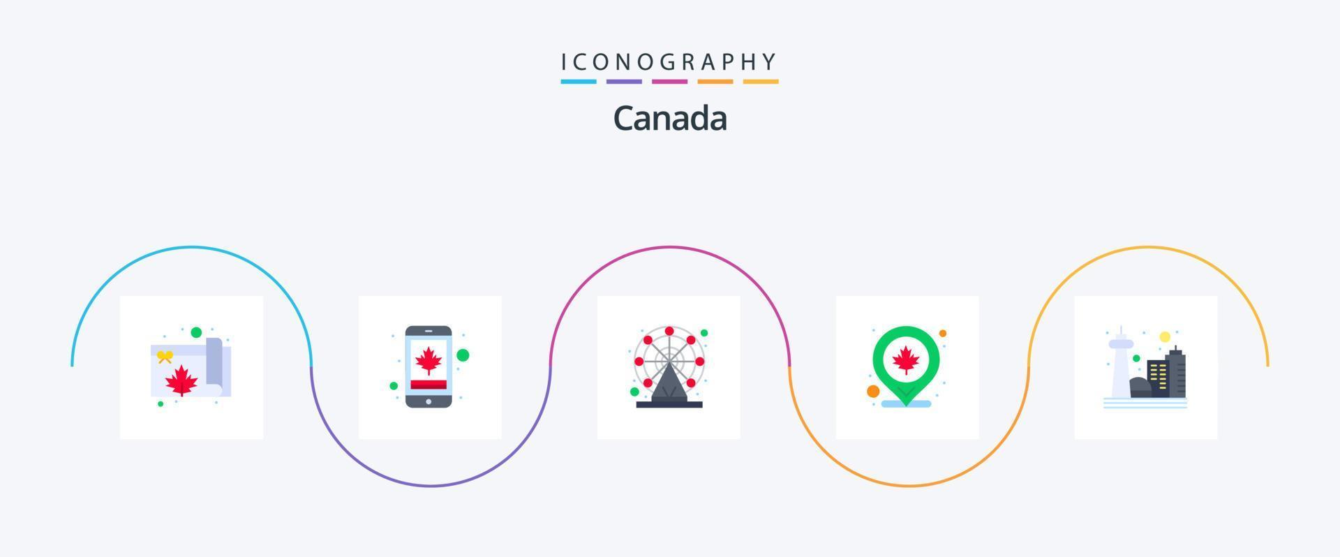 Paquete de 5 íconos planos de canadá que incluye la torre cn. mapa. Canadá. ubicación. Canadá vector