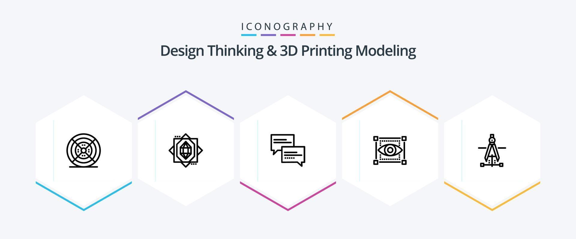 Design Thinking And D Printing Modeling 25 Line icon pack including drawing. eye. chat. sketching. visual vector