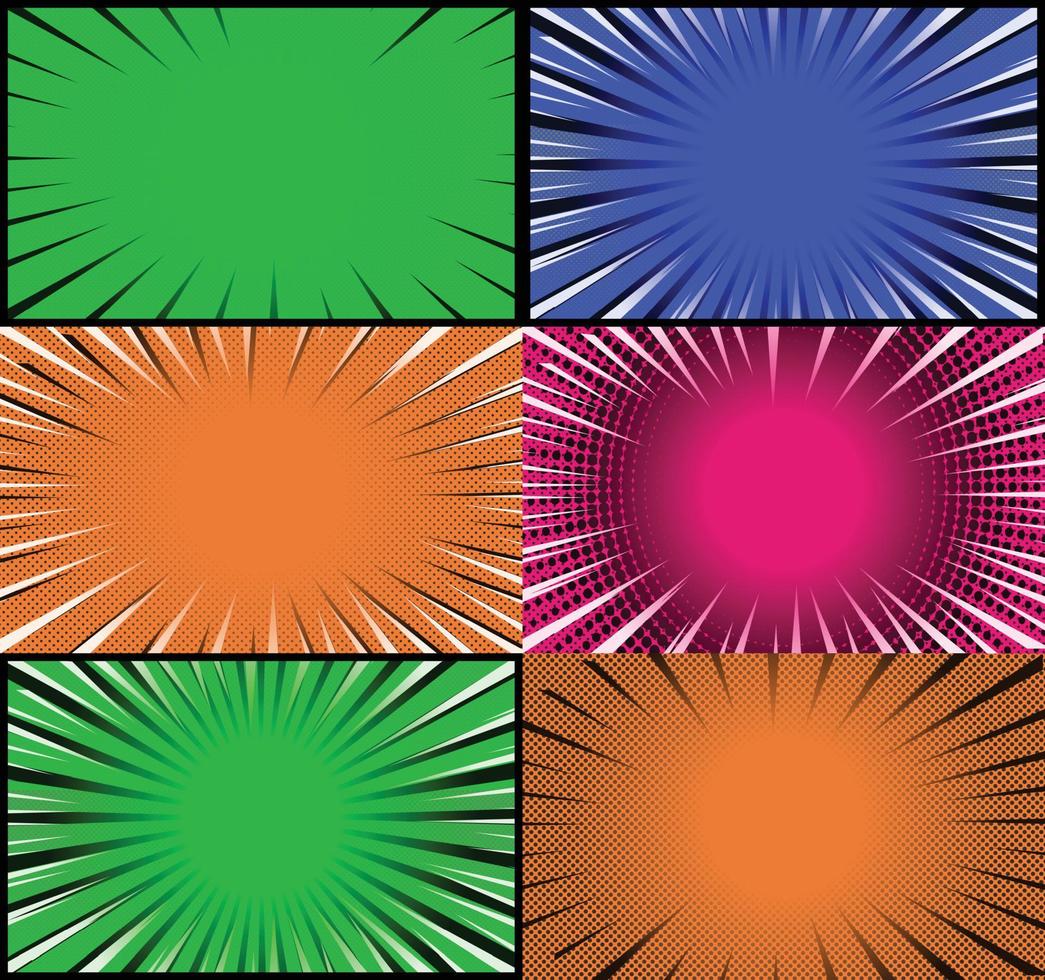 Comic book colorful frames background with halftone rays radial and dotted effects pop art style vector