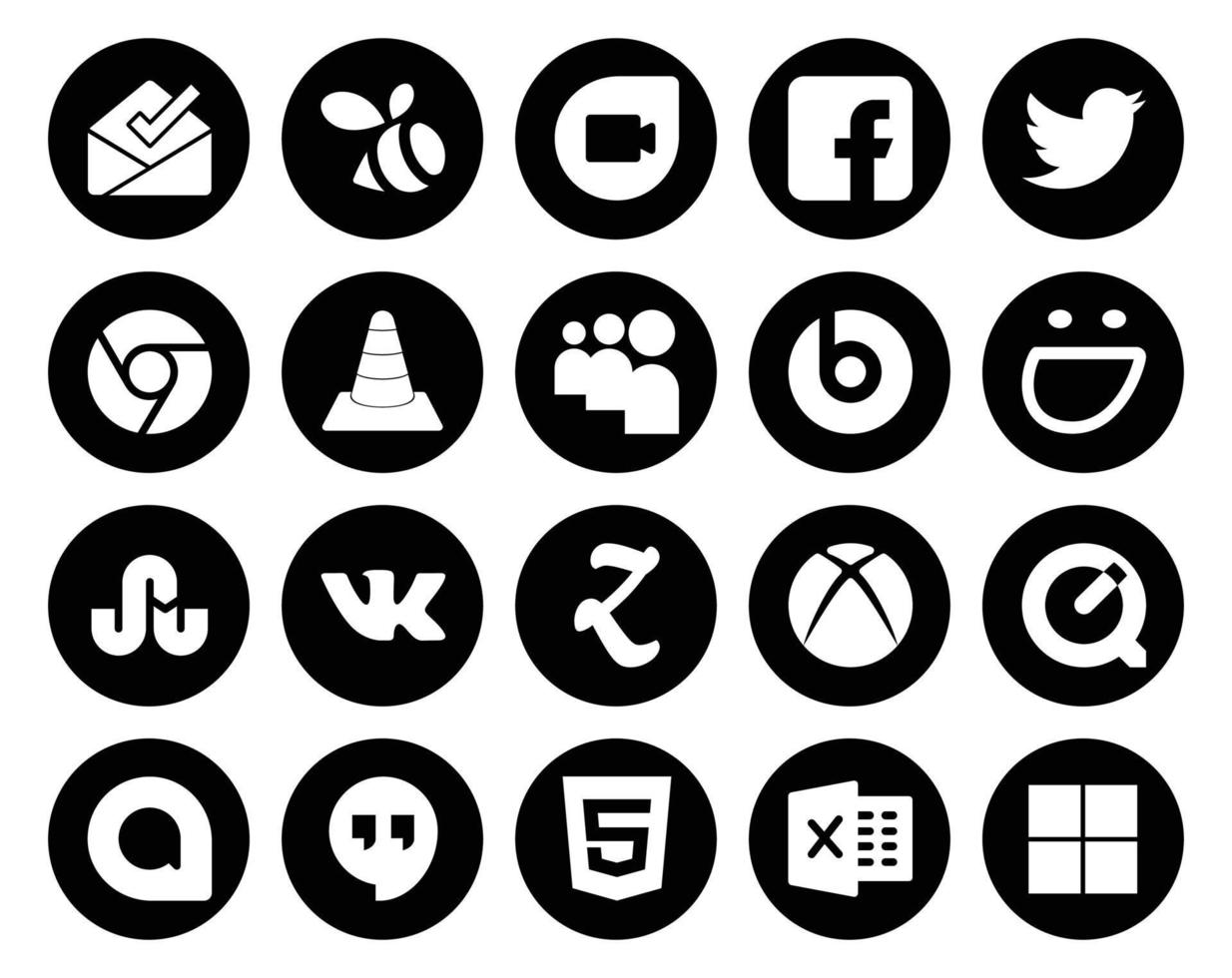Paquete de 20 íconos de redes sociales que incluye quicktime zootool media vk smugmug vector