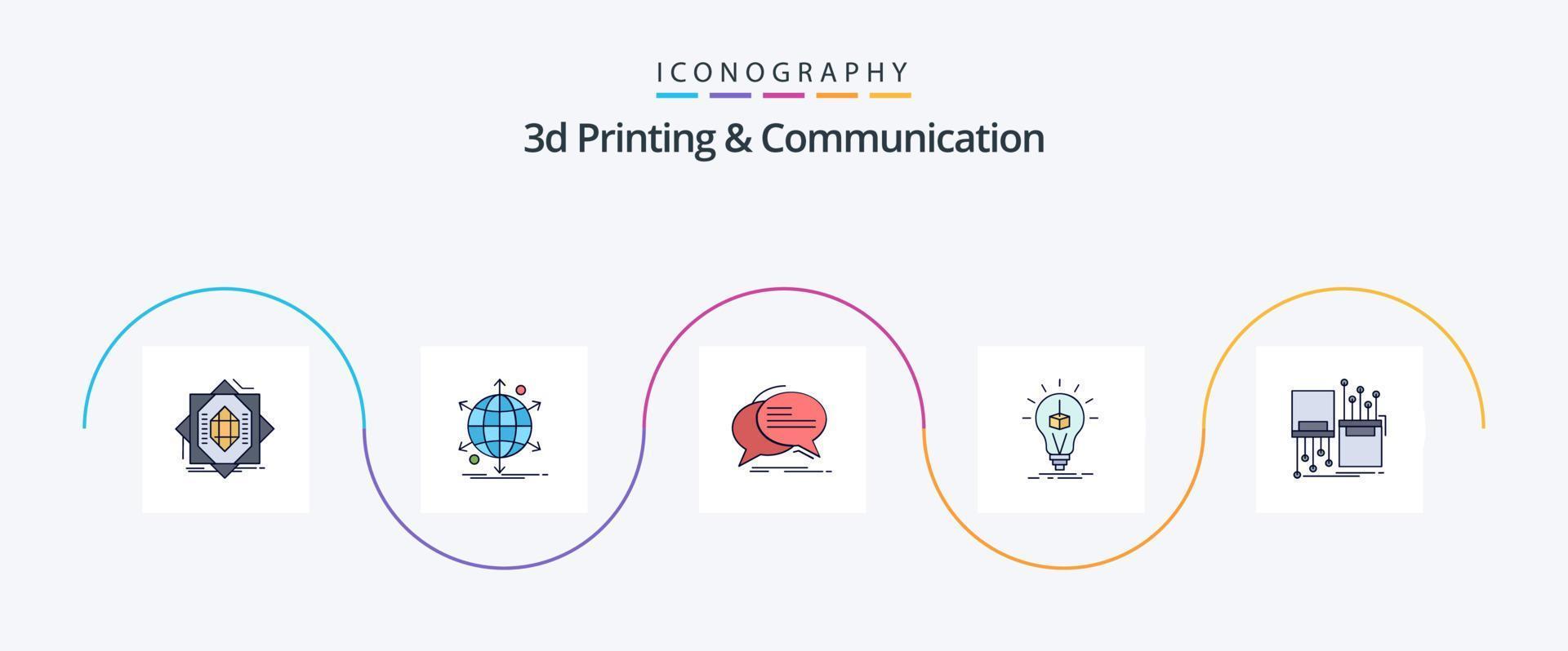 3d Printing And Communication Line Filled Flat 5 Icon Pack Including cube. idea. network. talk. communication vector