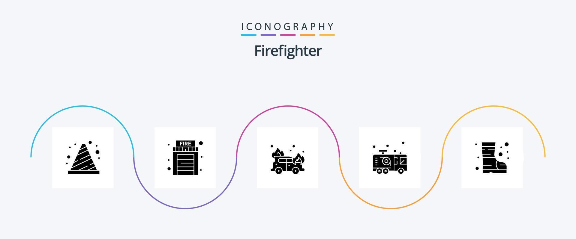 Firefighter Glyph 5 Icon Pack Including fire. fireman. car. firefighter. emergency vector