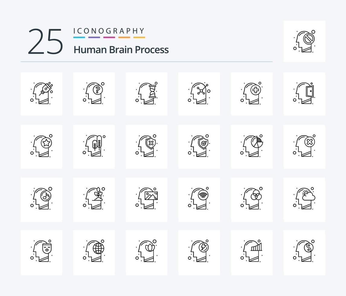 proceso del cerebro humano paquete de iconos de 25 líneas que incluye la mente humana. positivo. humano. optimista. tiempo vector