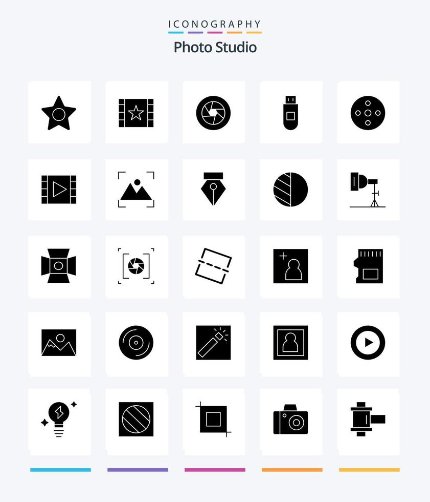 Creative Photo Studio 25 Glyph Solid Black icon pack  Such As reel. camera reel. film. data. usb vector