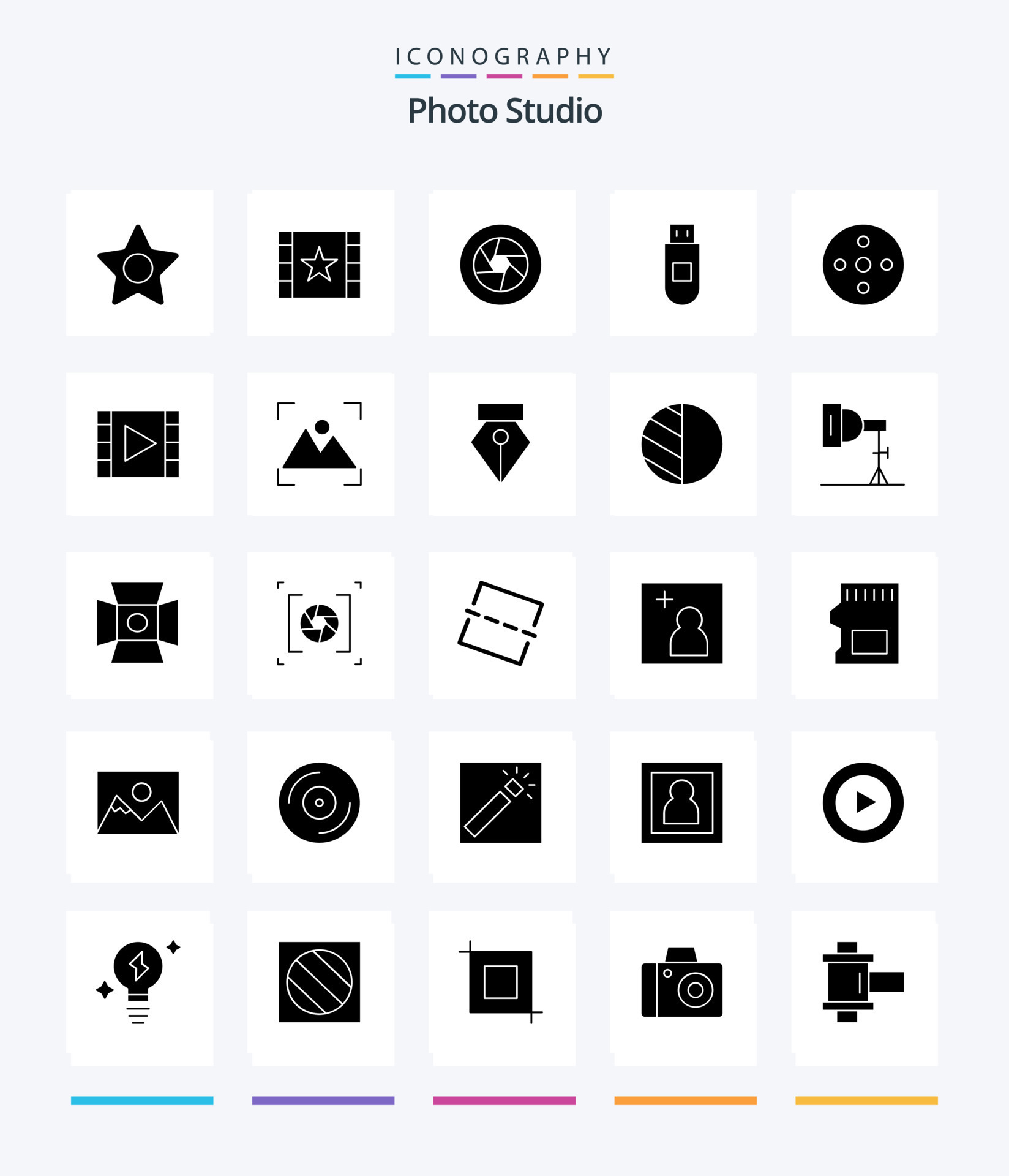 Creative Photo Studio 25 Glyph Solid Black icon pack Such As reel. camera  reel. film. data. usb 19207291 Vector Art at Vecteezy