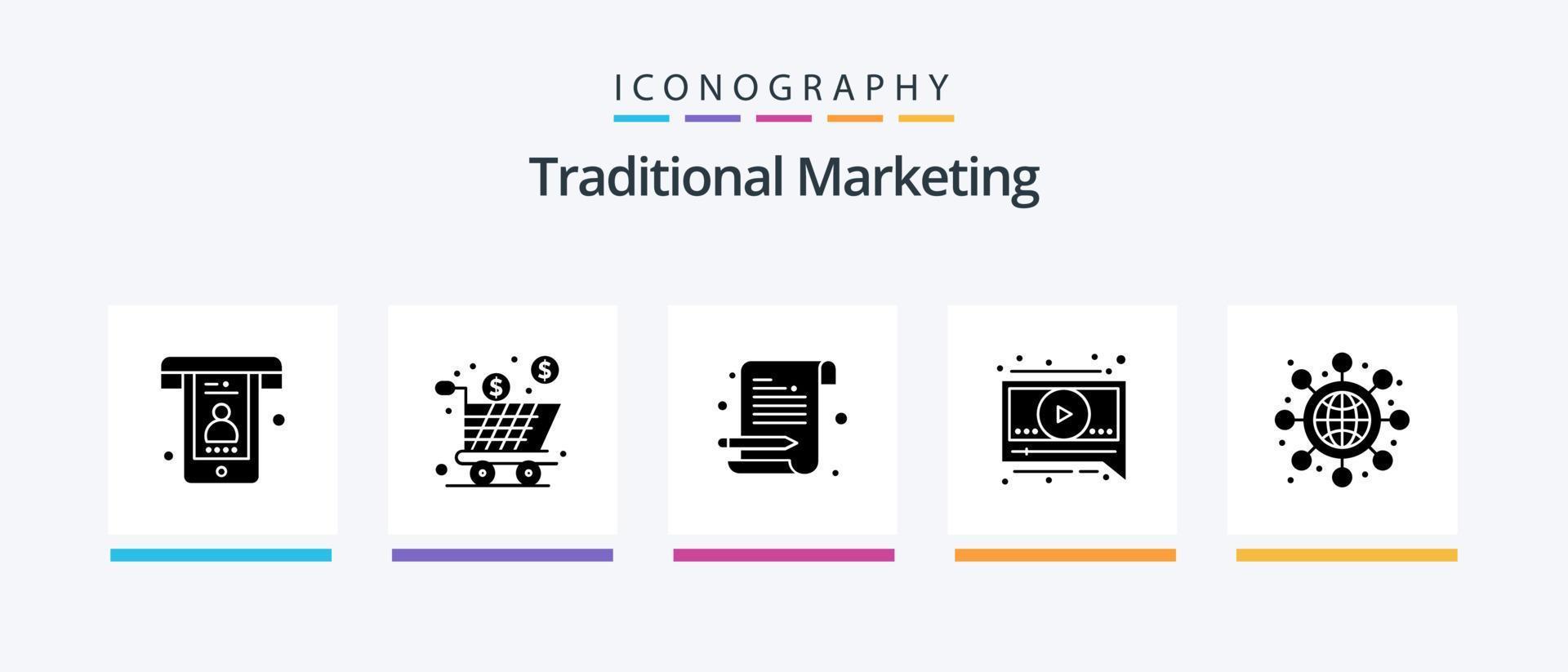 Traditional Marketing Glyph 5 Icon Pack Including networking. video. shopping. message. scratch pad. Creative Icons Design vector
