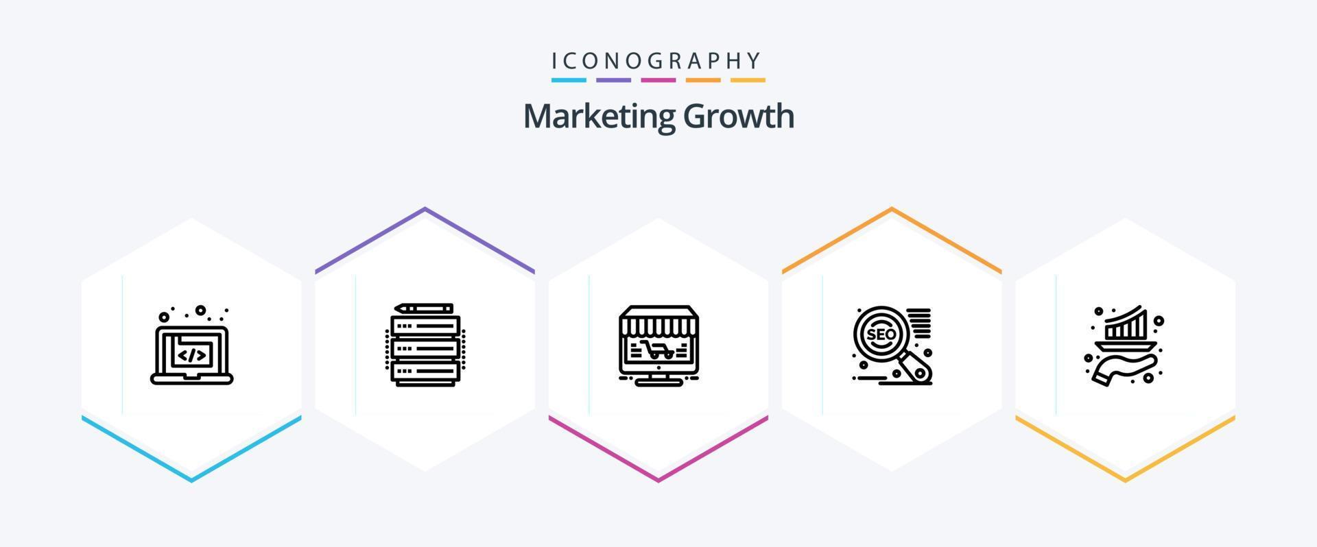 Marketing Growth 25 Line icon pack including bar. seo. server. search engine. store vector