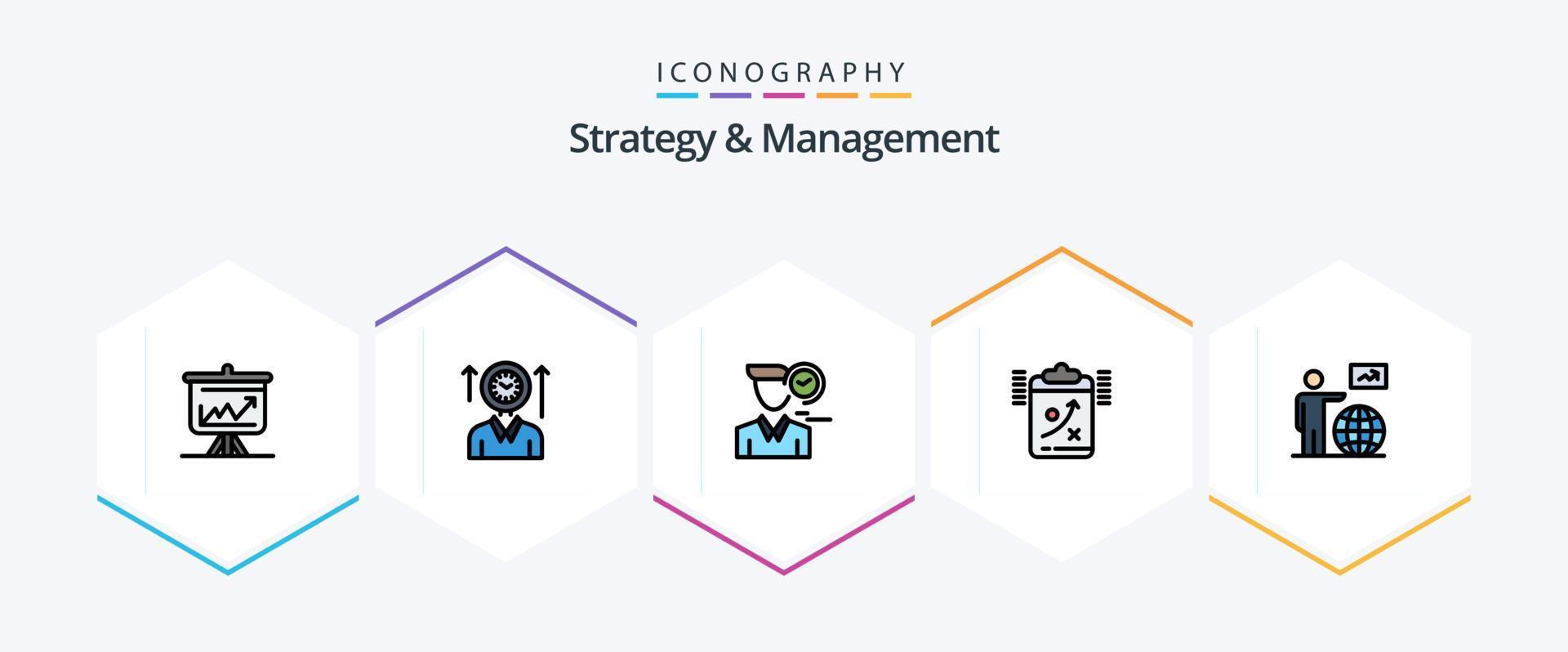 Strategy And Management 25 FilledLine icon pack including strategy. clipboard. up. appointment. male vector