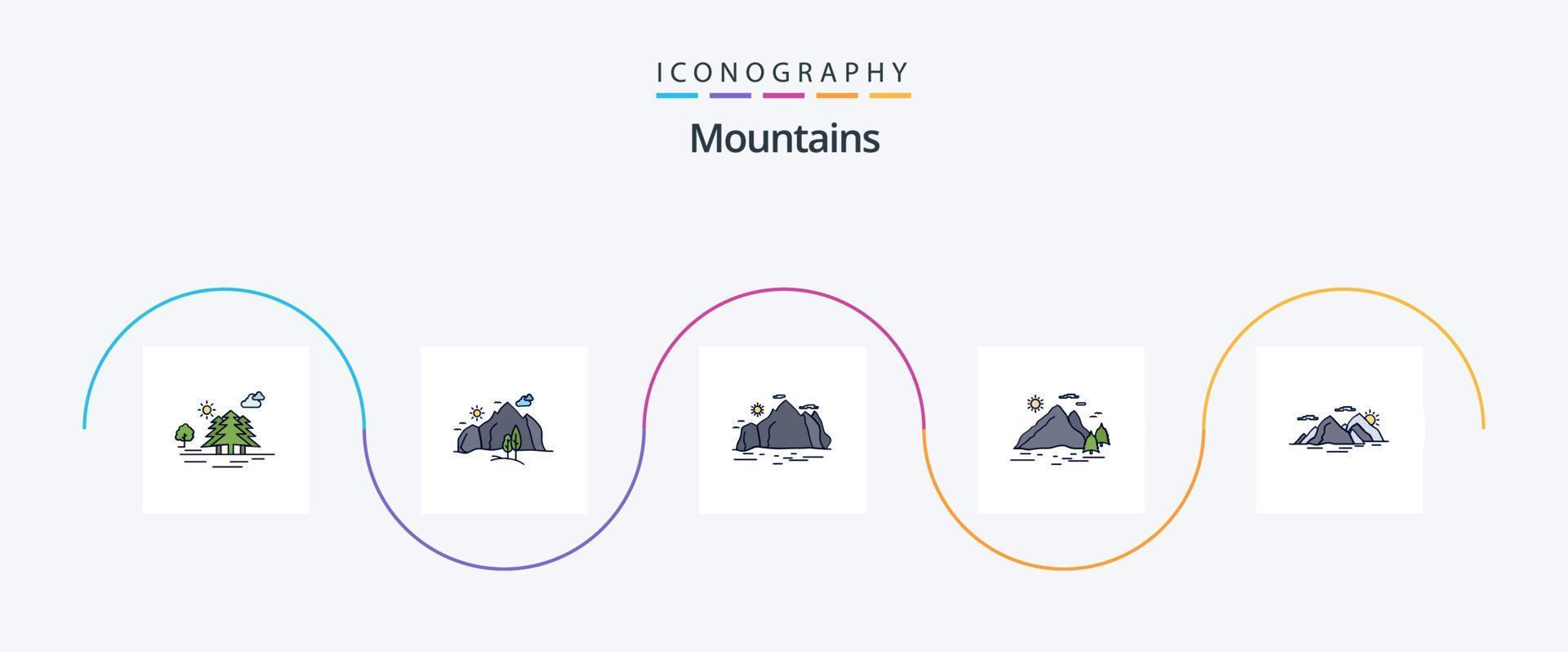 Mountains Line Filled Flat 5 Icon Pack Including hill. scene. nature. mountain. hill vector