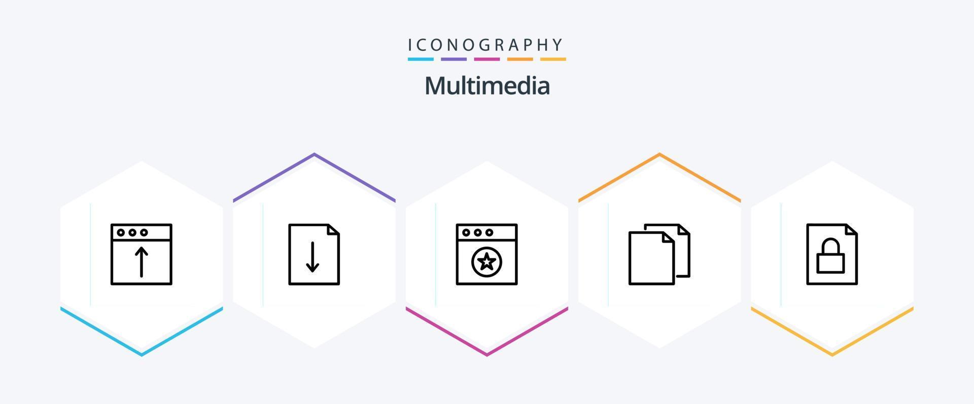 paquete de iconos multimedia de 25 líneas que incluye . archivo. favorito. documento. duplicar vector