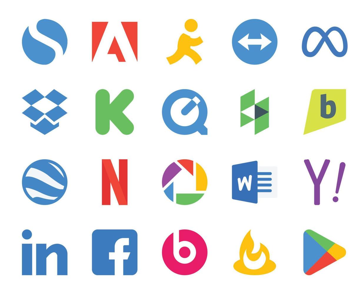 Paquete de 20 íconos de redes sociales que incluye linkedin yahoo quicktime word netflix vector